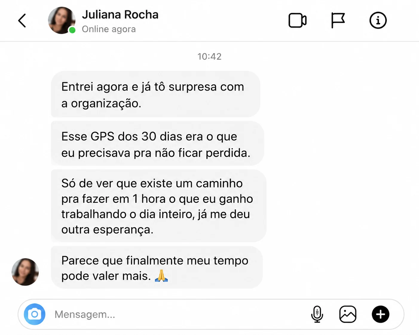 Primeira mensagem recebida de aluna do método